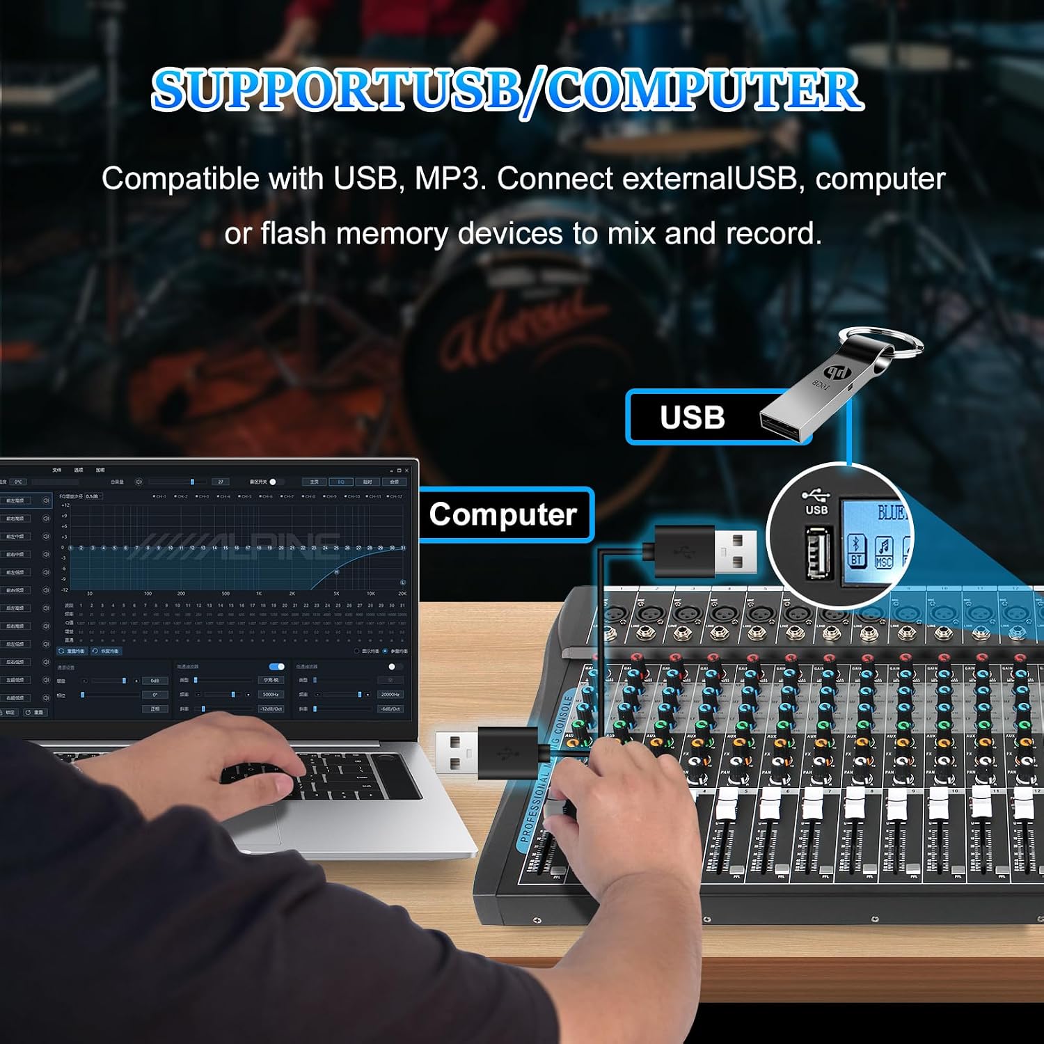 16 Channel Audio Interfacer Sound Board Mixer DJ Mixer 16-Bit DSP Effect USB Audio Mixer +48V Phantom Power Bluetooth Mixer for Karaoke Studio Streaming Recording,Live Streaming