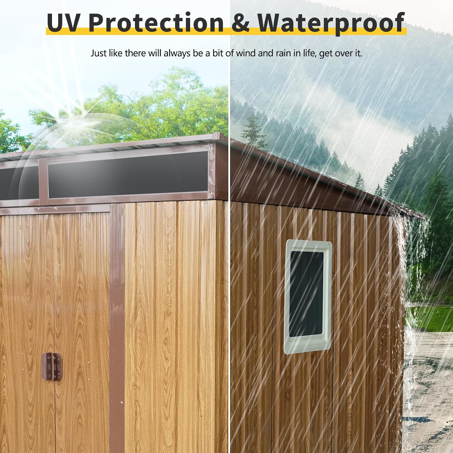 6x5 FT Outdoor Storage Shed, Metal Garden Shed with Frame Floor, Outside Tool Shed with Window, Waterproof Storage Building with Lockable Sliding Doors & Sloped Roof for Backyard, Patio, Lawn, Coffee