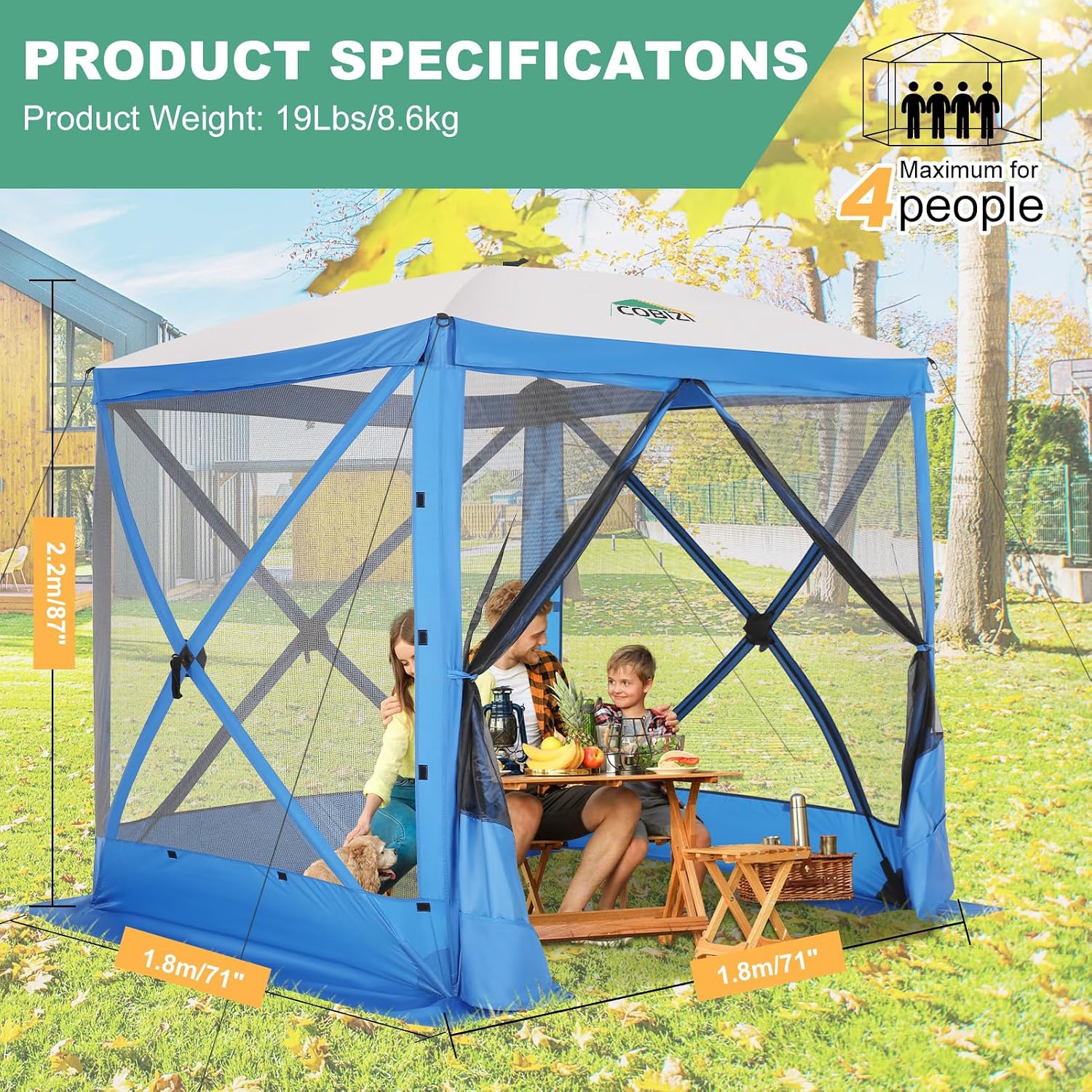 COBIZI 6x6 FT Pop up Gazebo, Popup Canopy Tent, Screened in Gazebos, Waterproof Portable Outdoor Small Screen Tents Sun Shelter,carpas para Patio for Camping, Garden and Backyard,Blue