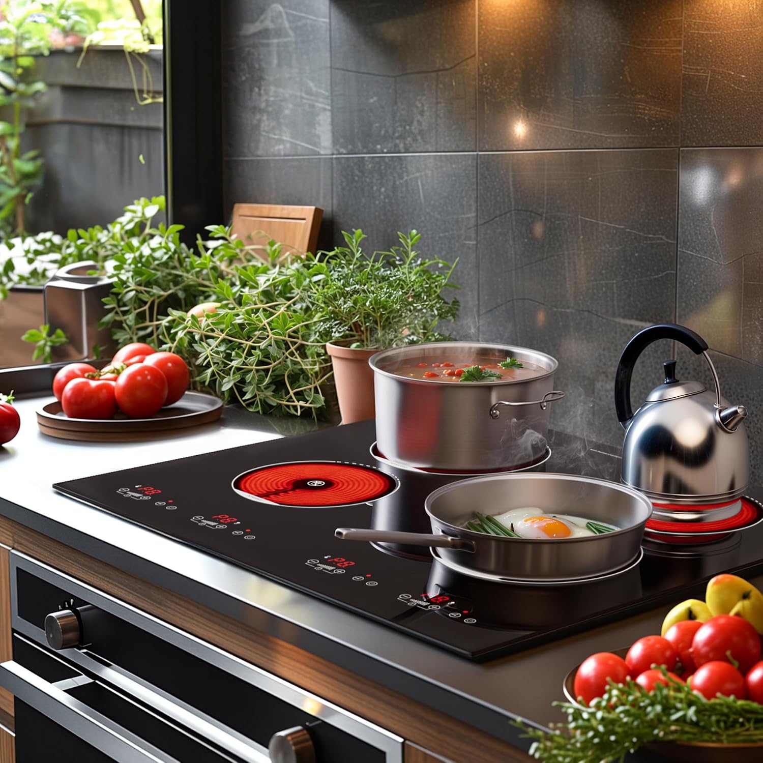 ADVWIN Electric Cooktop, 2 Burner Knob Control Plug in Built-in Ceramic Electric Stove Top with Child Safty Lock & Timer & Over-Temperature Protection & 10 Power Setting (4 burners)