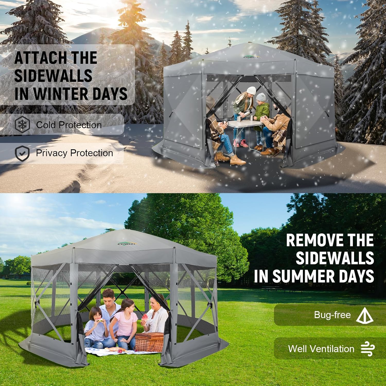 COBIZI 15x15 FT Pop Up Gazebo - Canopy Tent, Large Gazebos On Clearance with Sidewalls, Screened in Gazebo,carpas para Patio,Portable Screen Tents for 12-15 Persons Outdoor Camping, Backyard, Gray