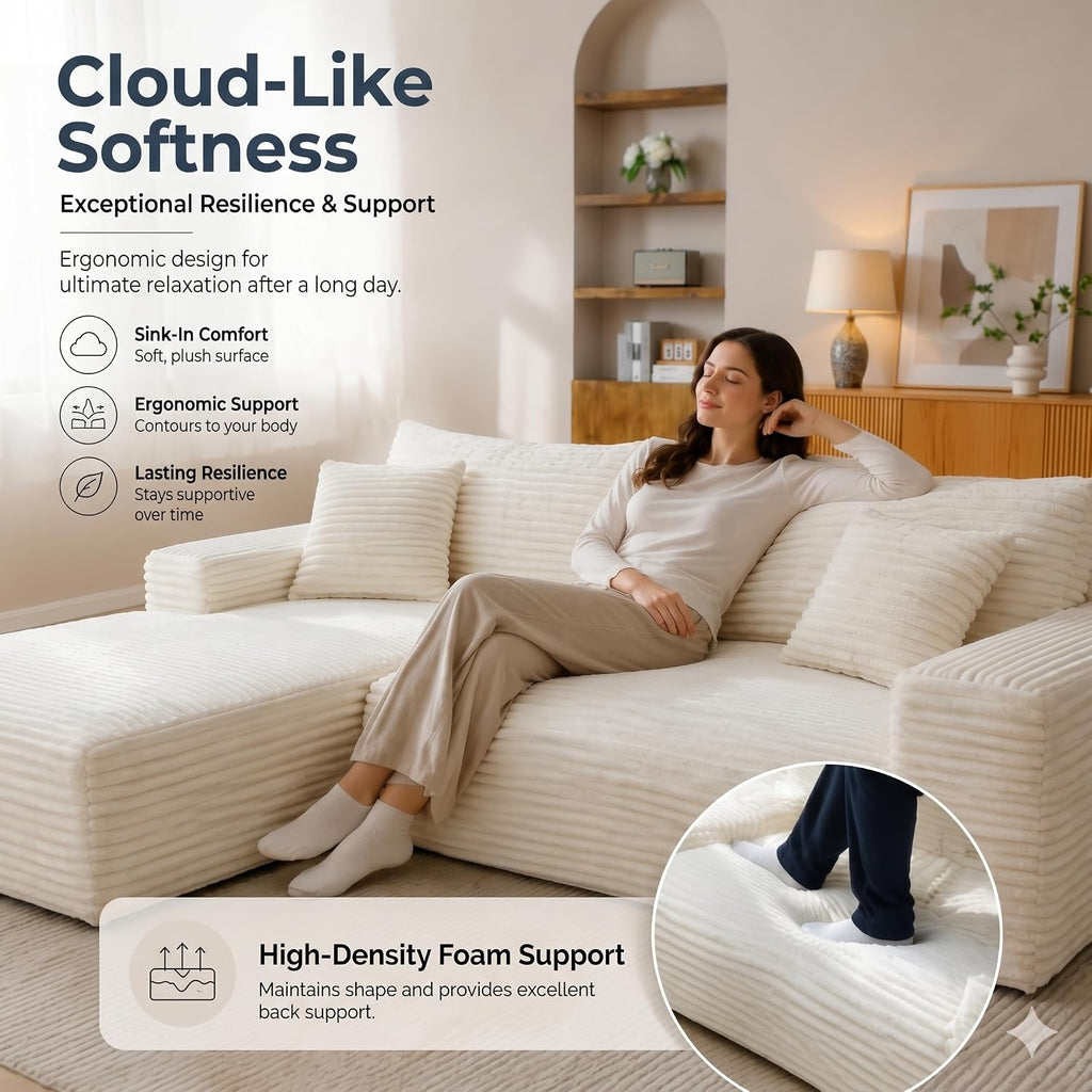 Modular Sectional Sofa Couches, 105' L-Shaped Cloud Boneless Couch with Left Chaise Lounge for Living Room | No Assembly Required | Corduroy Fabric, Beige