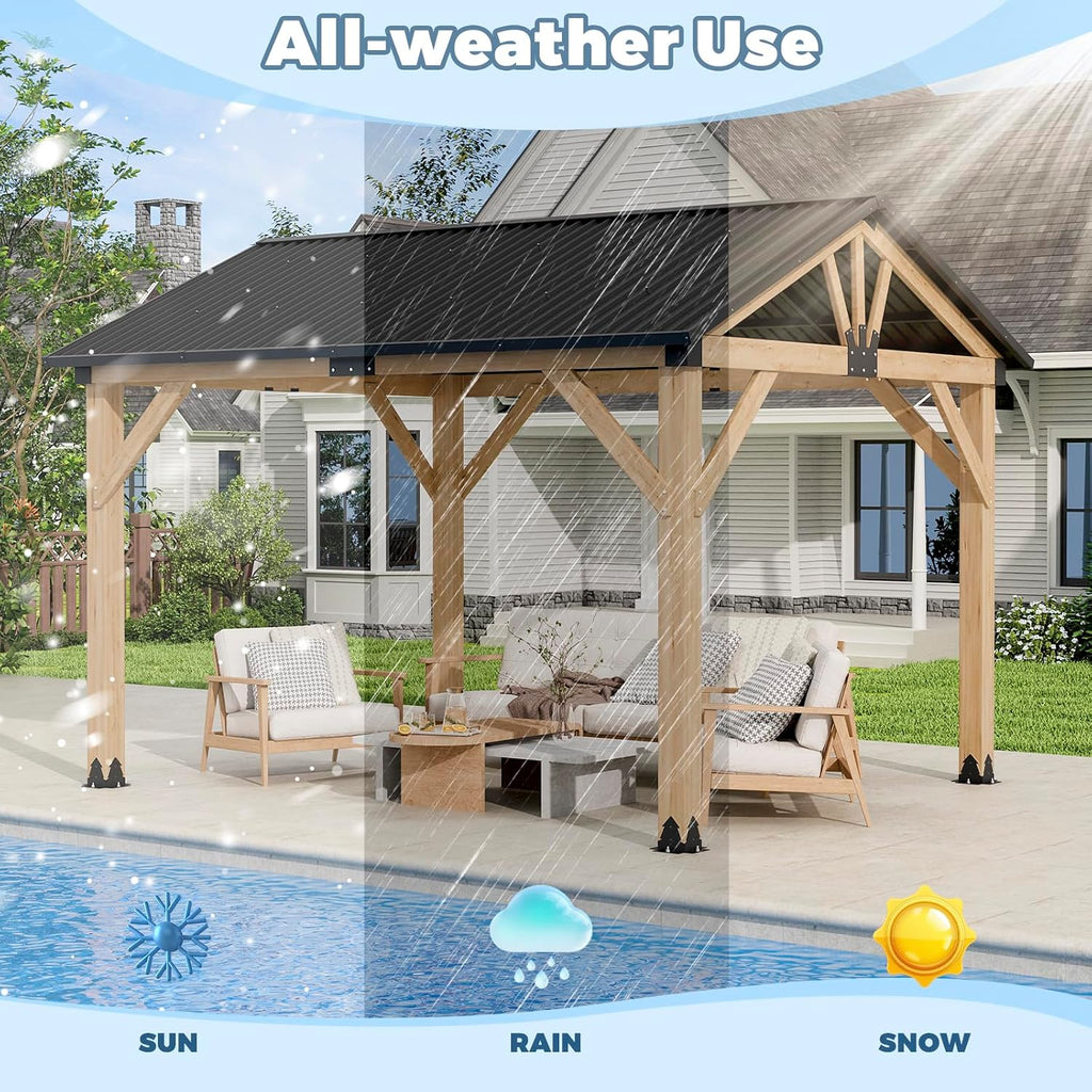 LVUYOYO 10' x 12' Wood Gazebo, Outdoor Hardtop Gazebo, Galvanized Steel Gable Roof Pergola, Outdoor Pavilion for Patio, Backyard, Garden, Deck