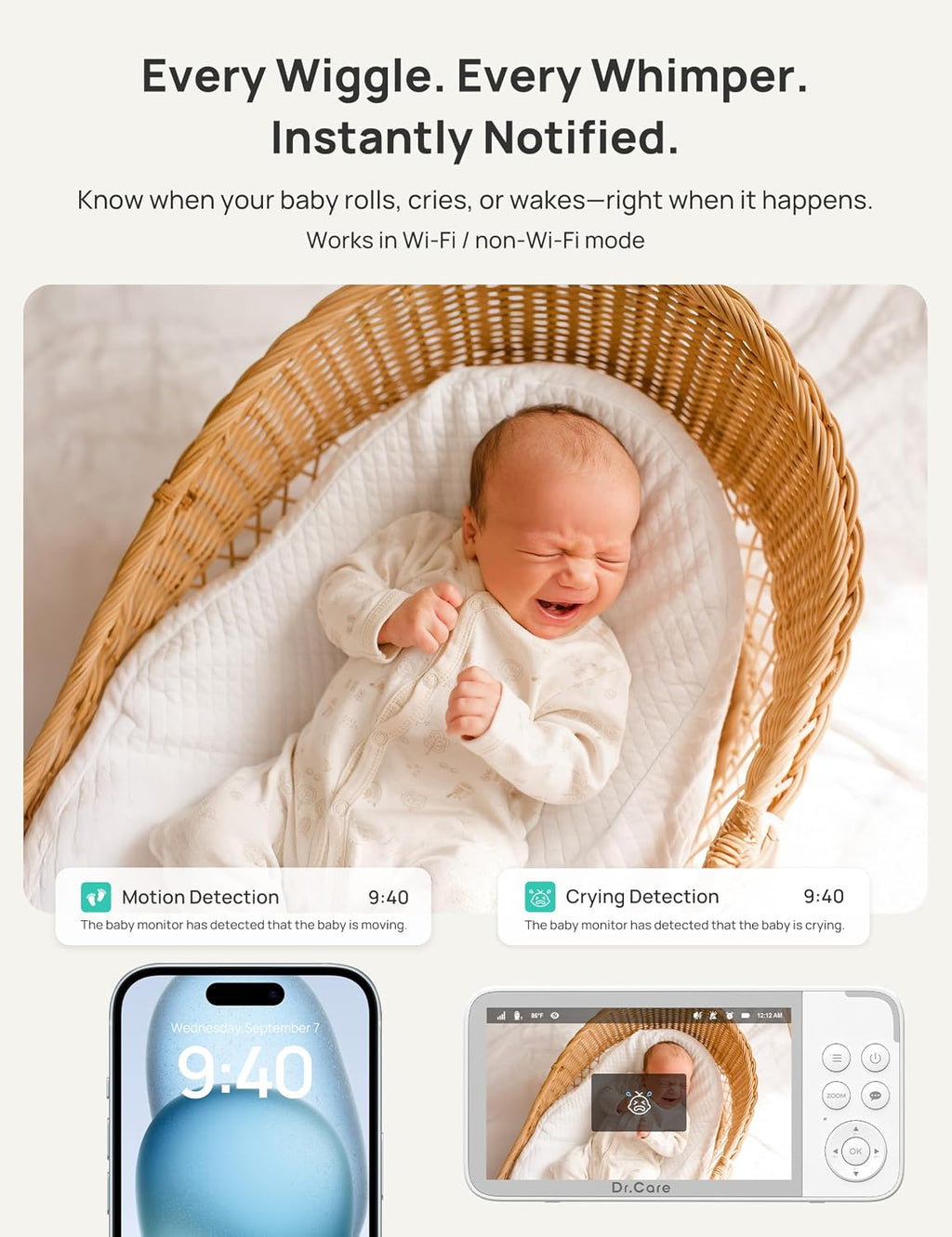 Dr.Care VistaView 5' Smart WiFi Baby Monitor with Clip Mount - 2K HD Camera, App Control, Cry & Motion Alerts, Night Vision, 5000mAh Battery, 2-Way Talk, Multi-User, Triple Security