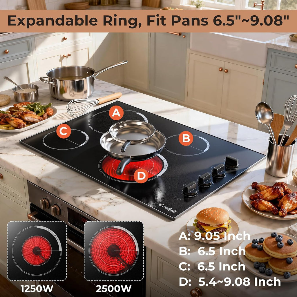 Electric Cooktop 30 Inch - 4 Burner Built-in(29.13'x19.3') Electrical Stovetop 7400W, 30 In Radiant Electric Stove with Glass Protection Metal Frame, Auto Shut Off, 220-240V Hard Wired