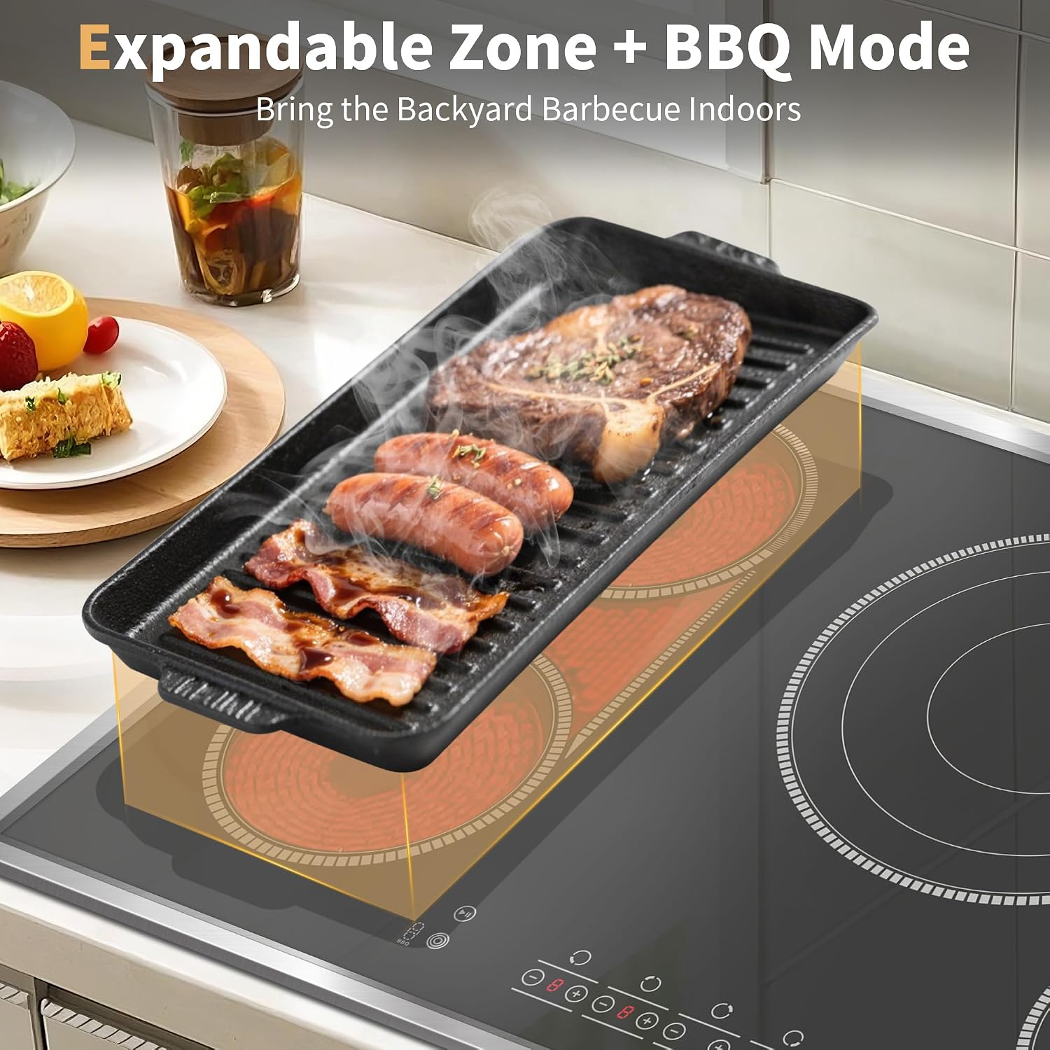 30 Inch Electric Cooktop, 4 Burner Electric Stove Top with Touch Control, 7800W Built-In Glass Stovetop with BBQ & Expandable Zone, 9-Level Adjustable, Child Lock, Timer, 220V-240V Hardwire