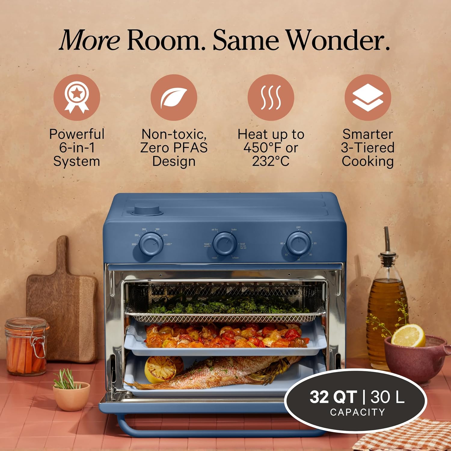 Our Place Large Wonder Oven | 6-in-1 Stainless Steel Air Fryer Toaster Oven Combo with Basket, Rack, Pan & Tray | 3-Rack, 32 QT, Large Capacity - Toast, Roast, Bake, Reheat, Broil & Steam | Blue Salt