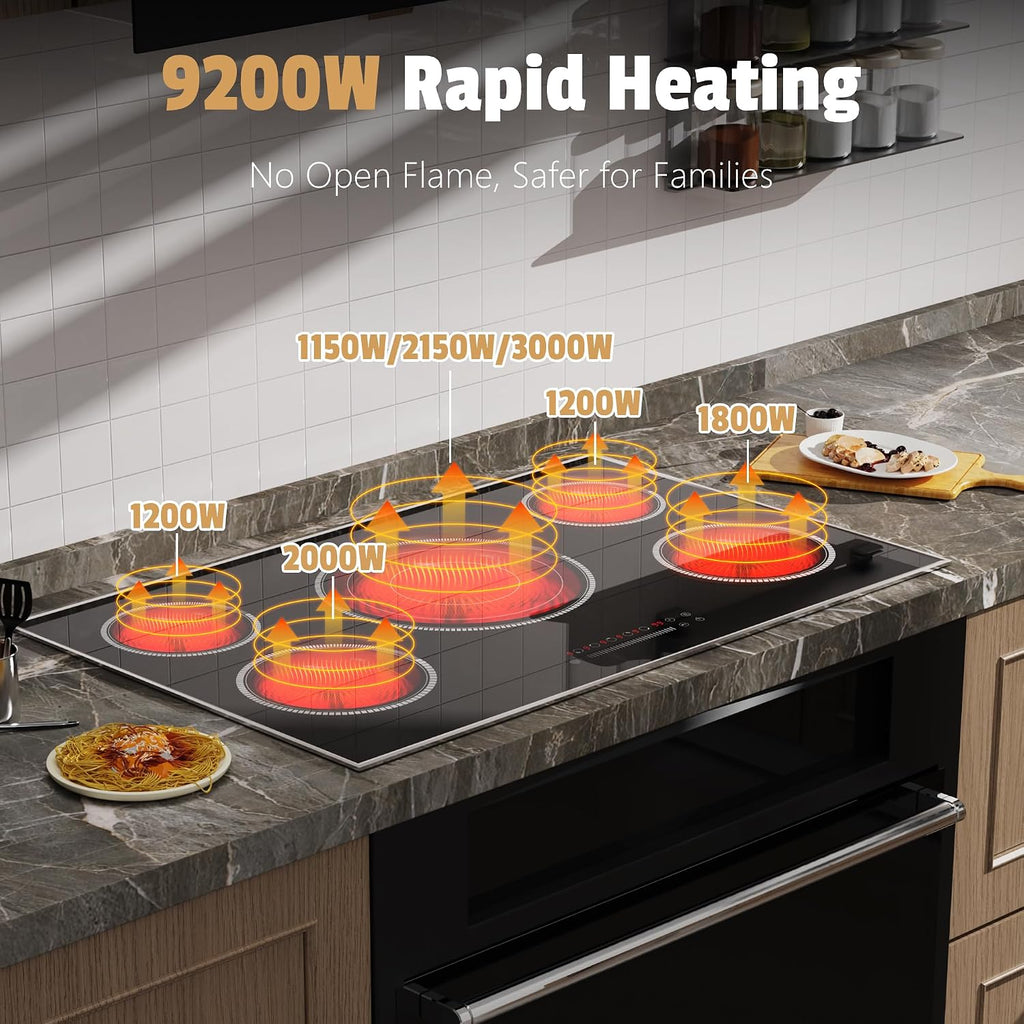 36 Inch Electric Cooktop, 5 Burner Stove Top with Slide Control, 9200W Electric Stove with Child Lock, Timer & Pause Function 36' Glass Cooktop, 220V Hard Wire(No Plug)