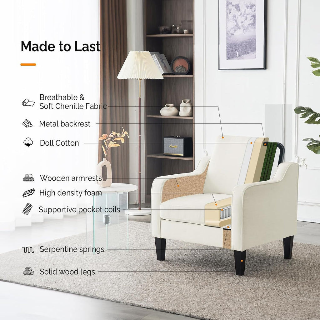 VINGLI Living Room Chairs White Accent Chair Soft Chenille Comfy Arm Chair Mid Century Modern Sofa Chair for Small Spaces Bedroom, Home Offfice, Apartment, Lounge (Creamy White)