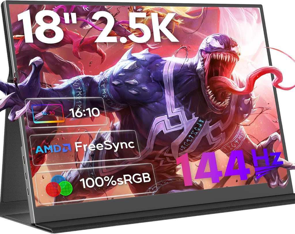 2.5K 144Hz Portable Monitor 18' 2560x1600 Portable Gaming Monitor 100% sRGB FreeSync HDR Laptop Monitor w/VESA & Case, 16: 10 Wide Screen IPS External Monitors for Mac Switch Xbox PS4/5