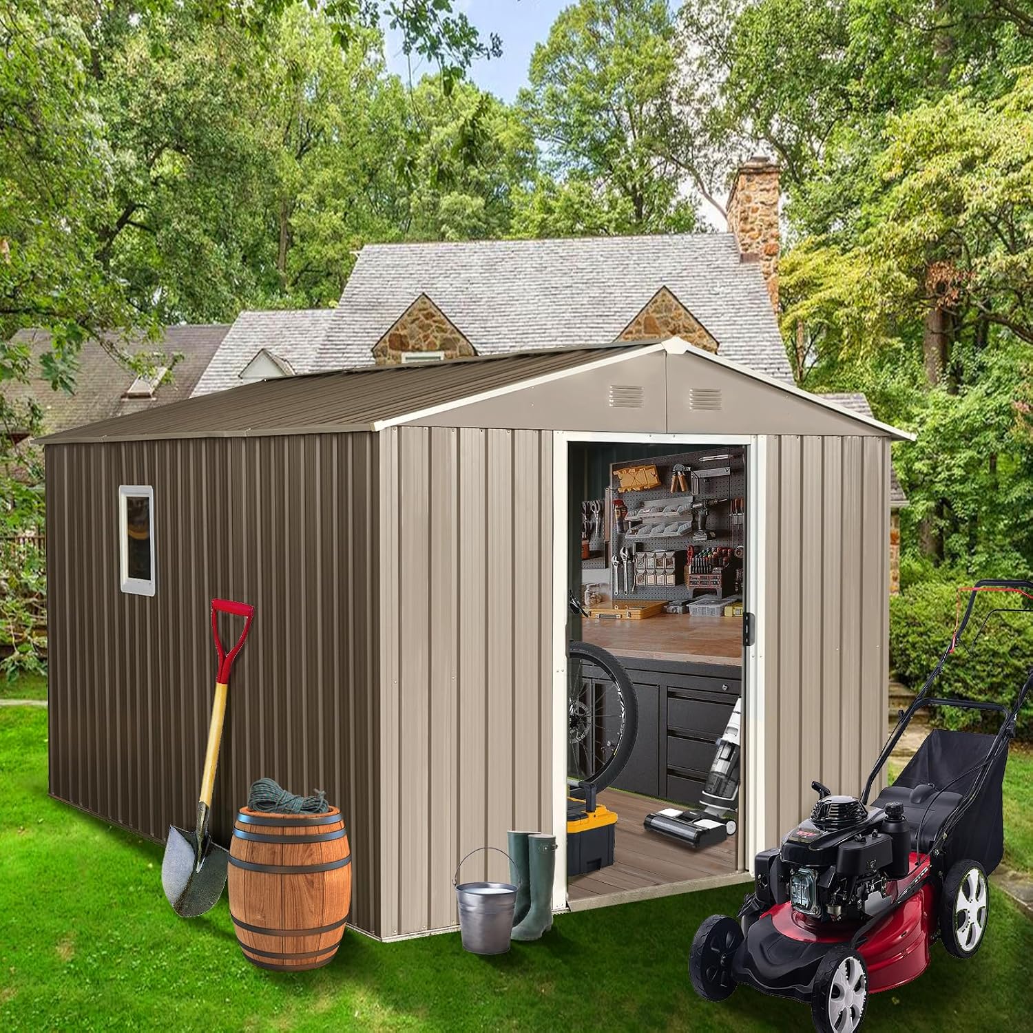 8 x 10 FT Outdoor Storage Shed, Metal Garden Shed with Floor Frame, Tool Sheds Outdoor Storage with Lockable Sliding Doors & Window & Air Vents, Storages House Waterproof for Backyard, Lawn, Gray