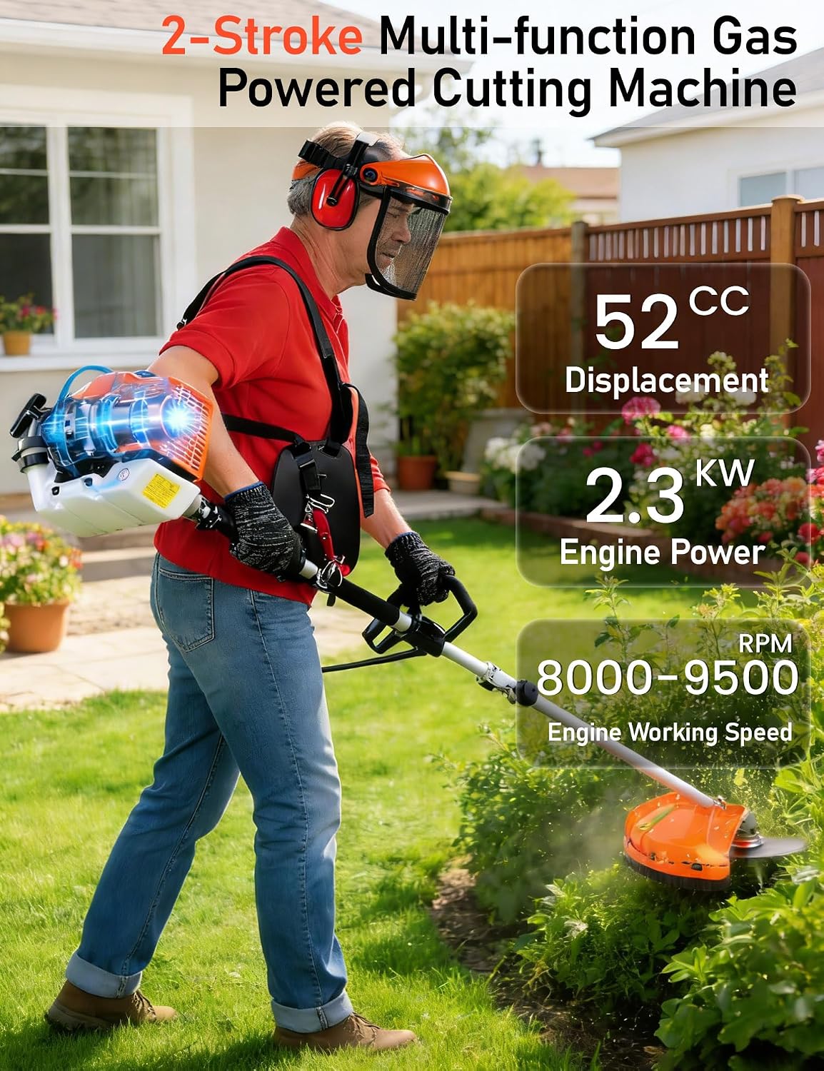5 in 1 Weed Eater Gas Powered - 52CC 2-Stroke Gas Hedge Trimming Tools, Weed Wacker, String Trimmer, Brush Cutter, Edger, Pole Saw Pruner with Extension Pole with EPA & CE-MD Certification