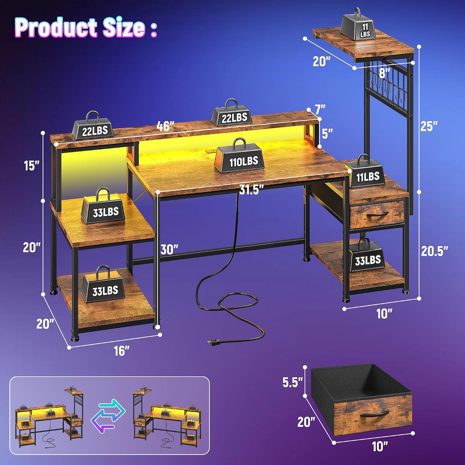 DurayLoly 55' Computer Desk with LED Lights & Outlets,Office Desk with Drawers & Monitor Stand,Gaming Desk with 3 Storage Shelves, Hooks& Printer Space for Game&Study Room,Home Office,Bedroom,Brown