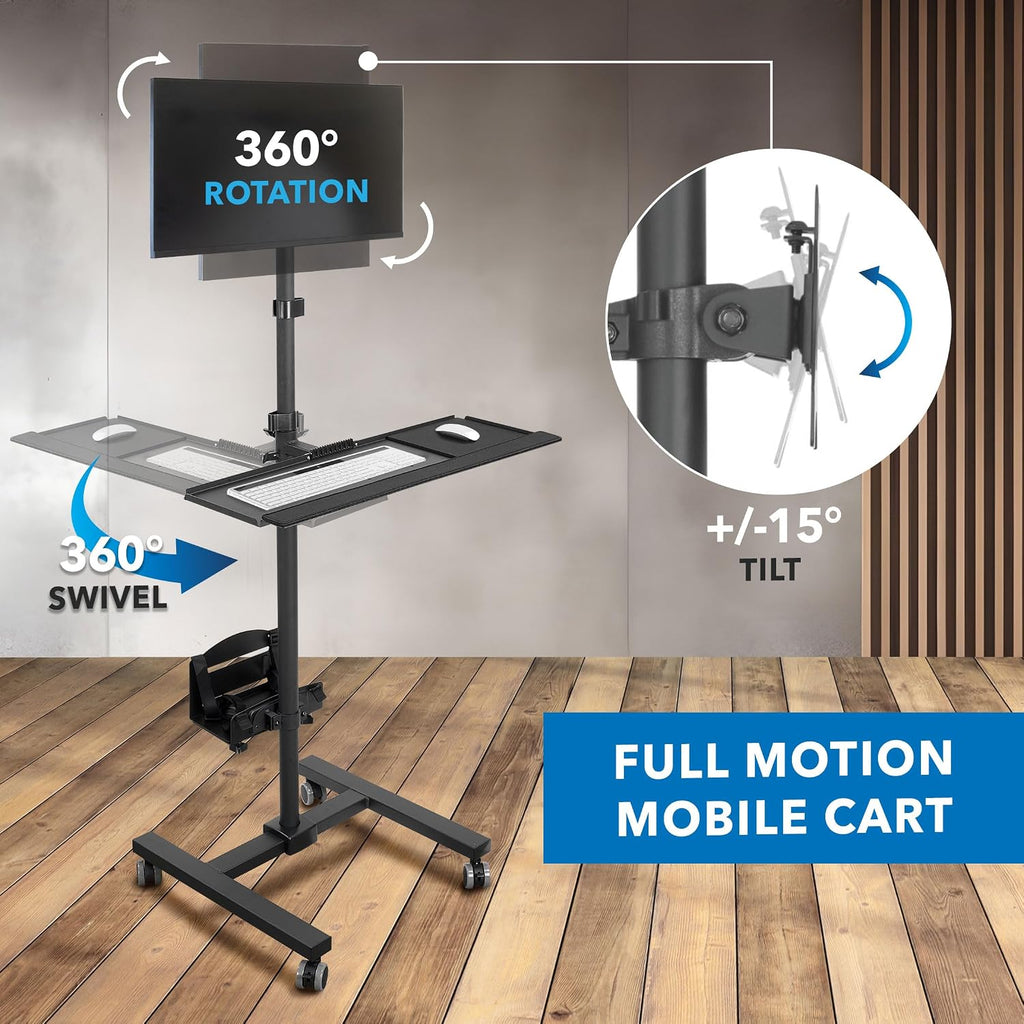 Mount-It! Rolling Computer Cart on Wheels, Mobile Desk Workstation with Monitor Mount for up to 32' Screen, Full Keyboard Tray, Floating Adjustable CPU Holder, Standing up to 70' Tall