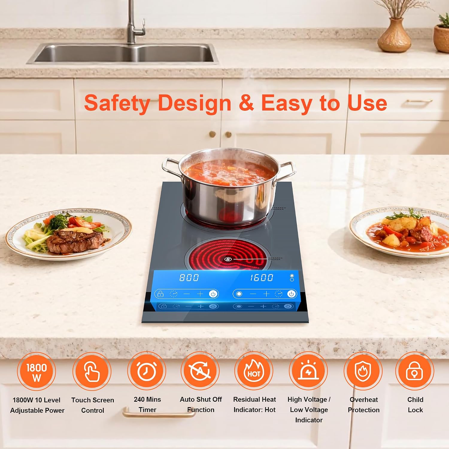 Dual Coil Design of Double Burner Electric Cooktop, 1800W Ceramic Hot Plate for Cooking, Portable Countertop Infrared 2 Burner or 12inch Built-in Radiant Stove Top Cooker, Compatible with All Cookware