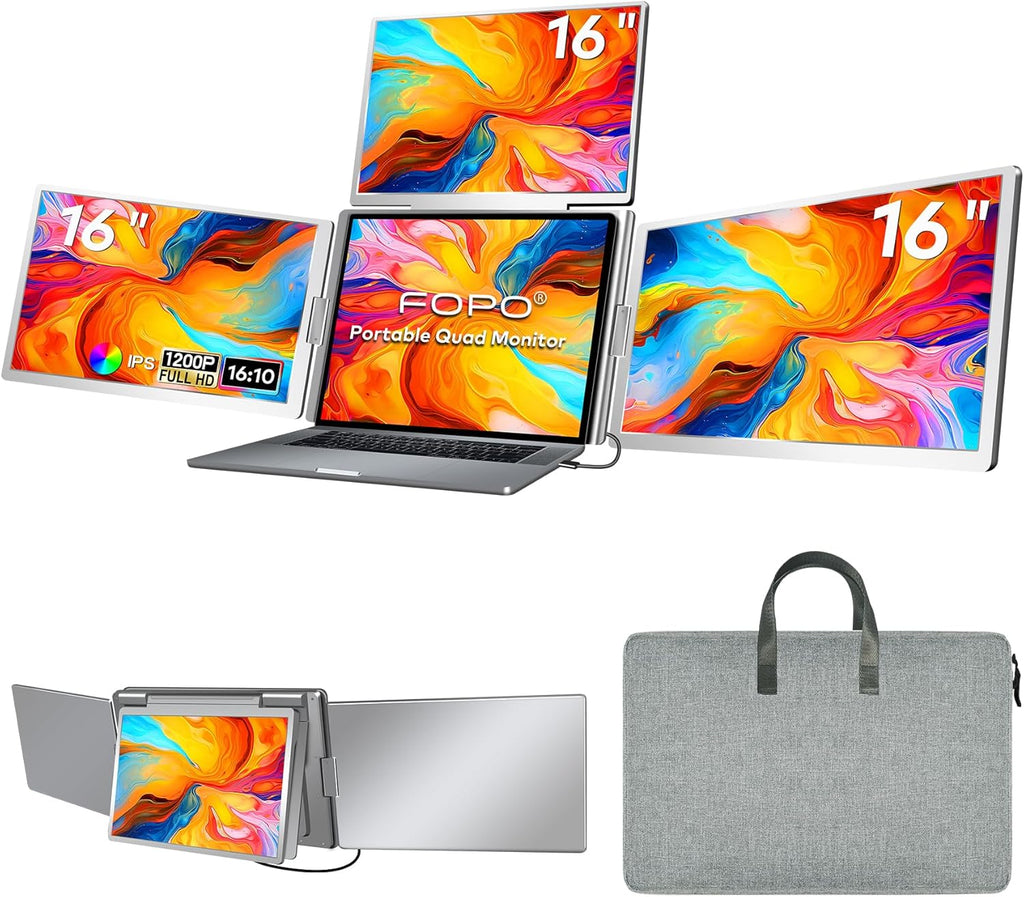 16' Laptop Screen Extender Monitor Portable, Quad Monitor, Just 1 Cable for 3 Screens, FHD 1200P IPS Laptop Extender Compatible with Wins/Mac for 13.6' - 18.5' Laptops