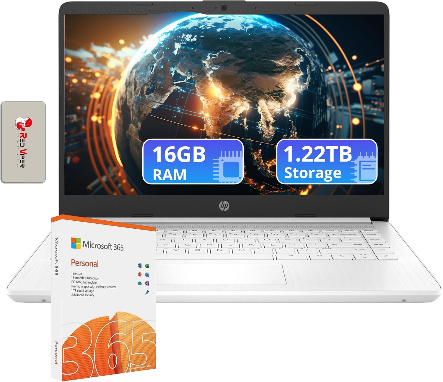 HP Flagship 14' HD Laptop with 1 Year Office 365 | 16GB RAM | 1.22TB Storage(64GB EMMC & 160GB Docking Station Set & 1TB Cloud Storage) | Intel 4-Core Processor | Webcam | Win 11s | White