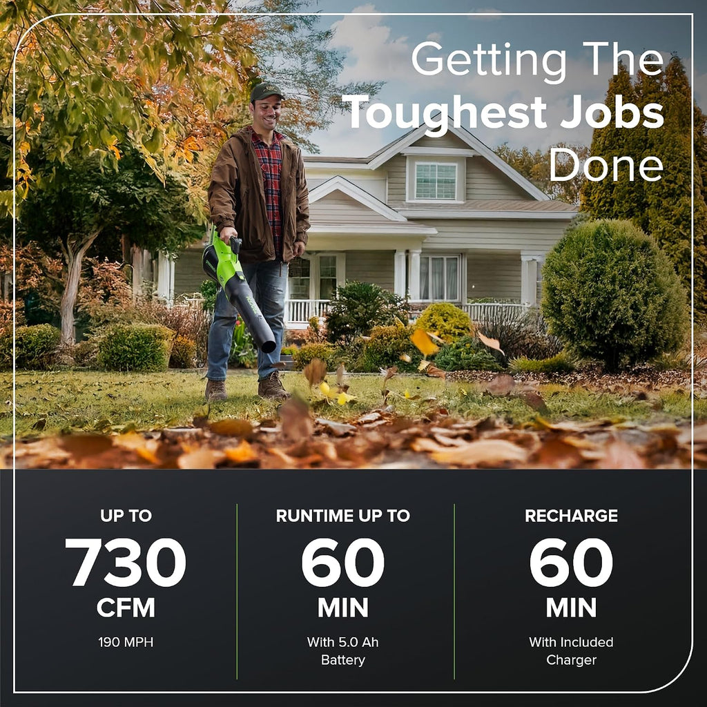 Greenworks 40V (730 CFM / 190 MPH) Cordless Leaf Blower with High Power Brushless Motor, Lightweight Backyard Cleaner for Fast Debris Removal, Includes 5.0Ah Battery & 5A Rapid Charger