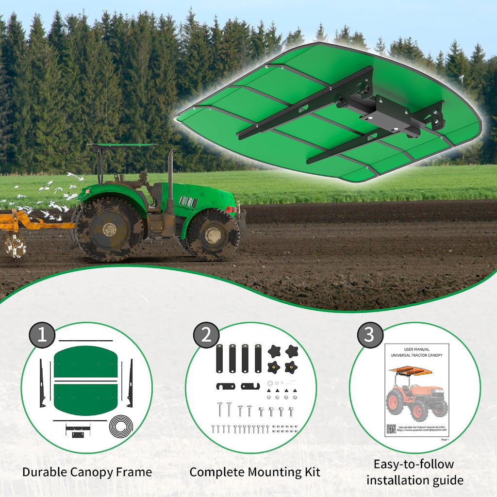 Green Tractor Canopy for ROPS 53-3/8' x 53-3/8' – Sunshade Roof for Lawn Mowers, Heavy-Duty Mounting Brackets, Non-Fading High-Density Thermoplastic (Adds About 4' to Tractor Height)