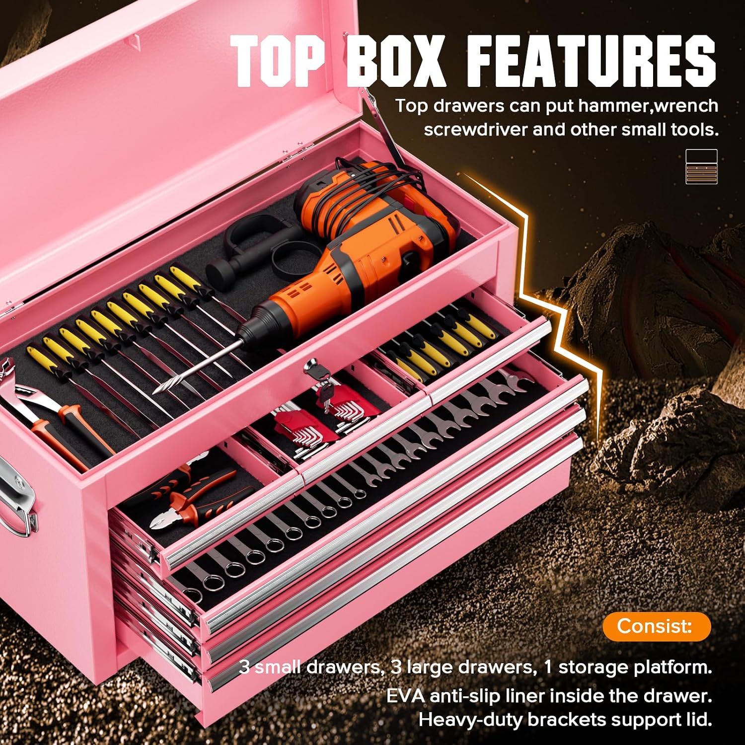 8-Drawer Rolling Tool Chest - Heavy-Duty Steel Tool Cabinet with Detachable Top Box, Locking Wheels & Security System for Garage/Workshop, 2-in-1 Design (Pink)