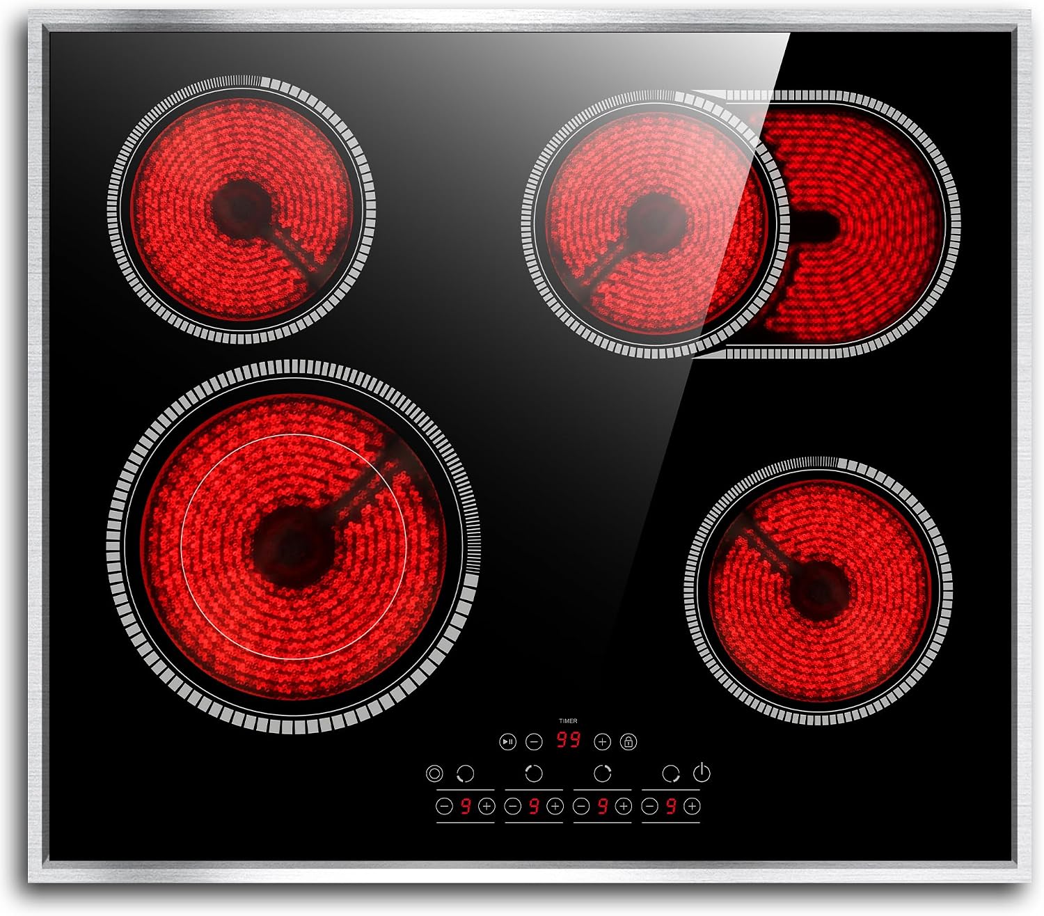 24 Inch Electric Cooktop 4 Burners, Pladeca 6600W Electric Stove Touch Control, 220-240V Built-in Radiant Stove Top with Safety Lock, Timer, Pause Control, Extended Zone, Hard Wire(No Plug)