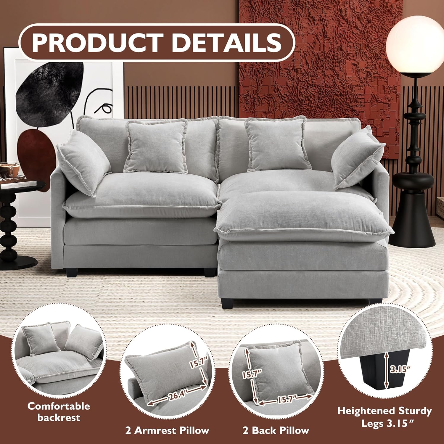 Ihanherry 77' L Shaped Modern Sofa Modular Sectional Cloud Couch with Ottoman, 3-Seat Chenille Deep Seat Sofa with Pillow for Living Room, Bedroom and Apartment, Grey