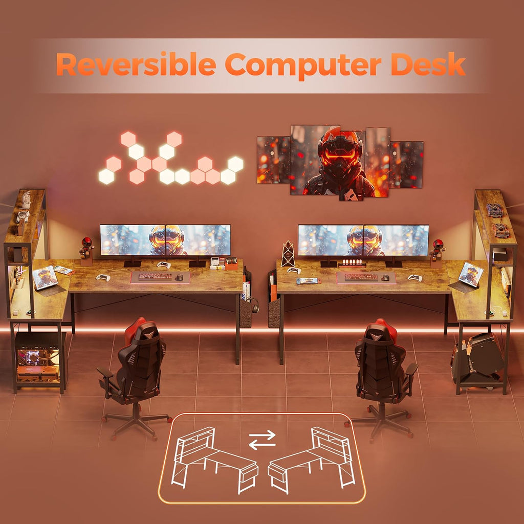 Mericonia 59 inch Large L Shaped Desk with Pegboard Hutch & Shelves, Corner Gaming Desk with Power Outlet, LED Light & Storage Bag, Reversible Computer Desk for Home, Bedroom, Office Workspace, Brown