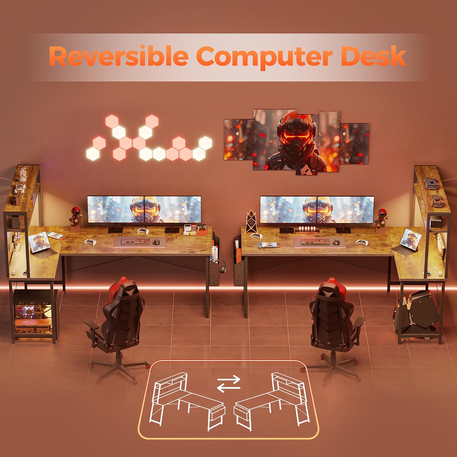 Mericonia 59 inch Large L Shaped Desk with Pegboard Hutch & Shelves, Corner Gaming Desk with Power Outlet, LED Light & Storage Bag, Reversible Computer Desk for Home, Bedroom, Office Workspace, Brown