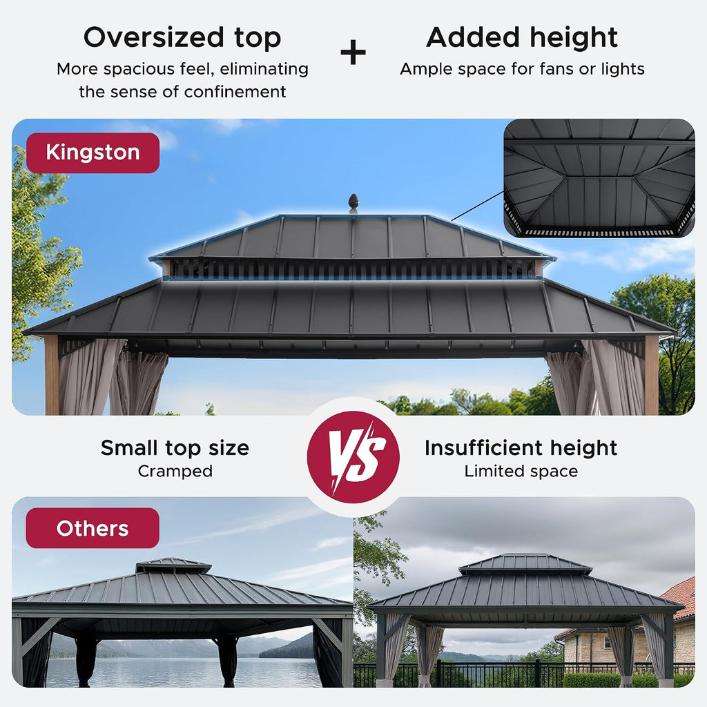 SUNJOY Kingston 16' x 12' Hardtop Gazebo with Galvanized Steel Double Roof, Curtain and Netting, Woodgrain Finish Aluminum Posts Permanent Pavilion Gazebo for Garden, Patio, Deck, Lawn