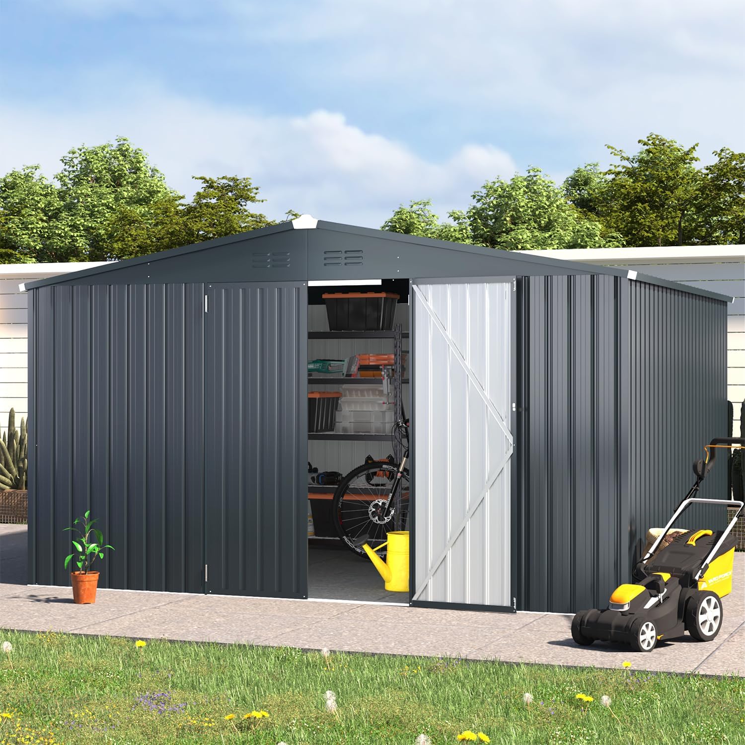 U-MAX 12x10 Storage Shed, Large Metal Outdoor Garden Sheds & Outdoor Storage Clearance, 10x12 Tool Shed Outdoor Storage Lockable for Backyard Outside Use in Dark Grey