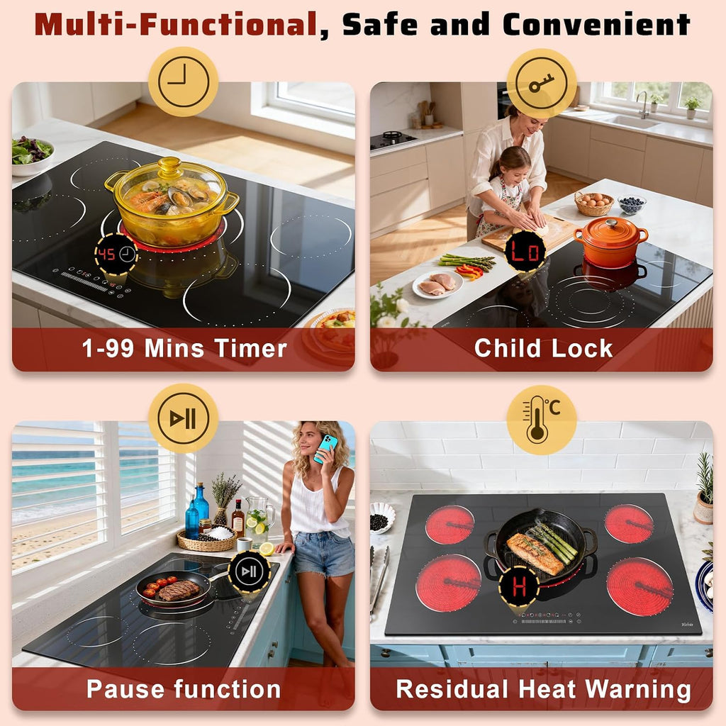 36 Inch Electric Cooktop 5 Burner Electric Stove Top 9200W, Triple‑Ring Central Burner, 9‑Level Slide Control, Touch Control with Safety Lock, 99‑Mins Timer, Pause, Built‑In Size 34.25×19.29 Inch