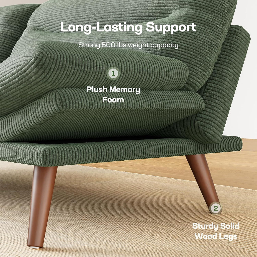 Marsail 66.1' Futon Sofa Bed, Corduroy Convertible Futon Couch with Adjustable Backrest & Armrests, Small Sleeper Sofa Loveseat for Small Apartments, Study Room, Office, Green