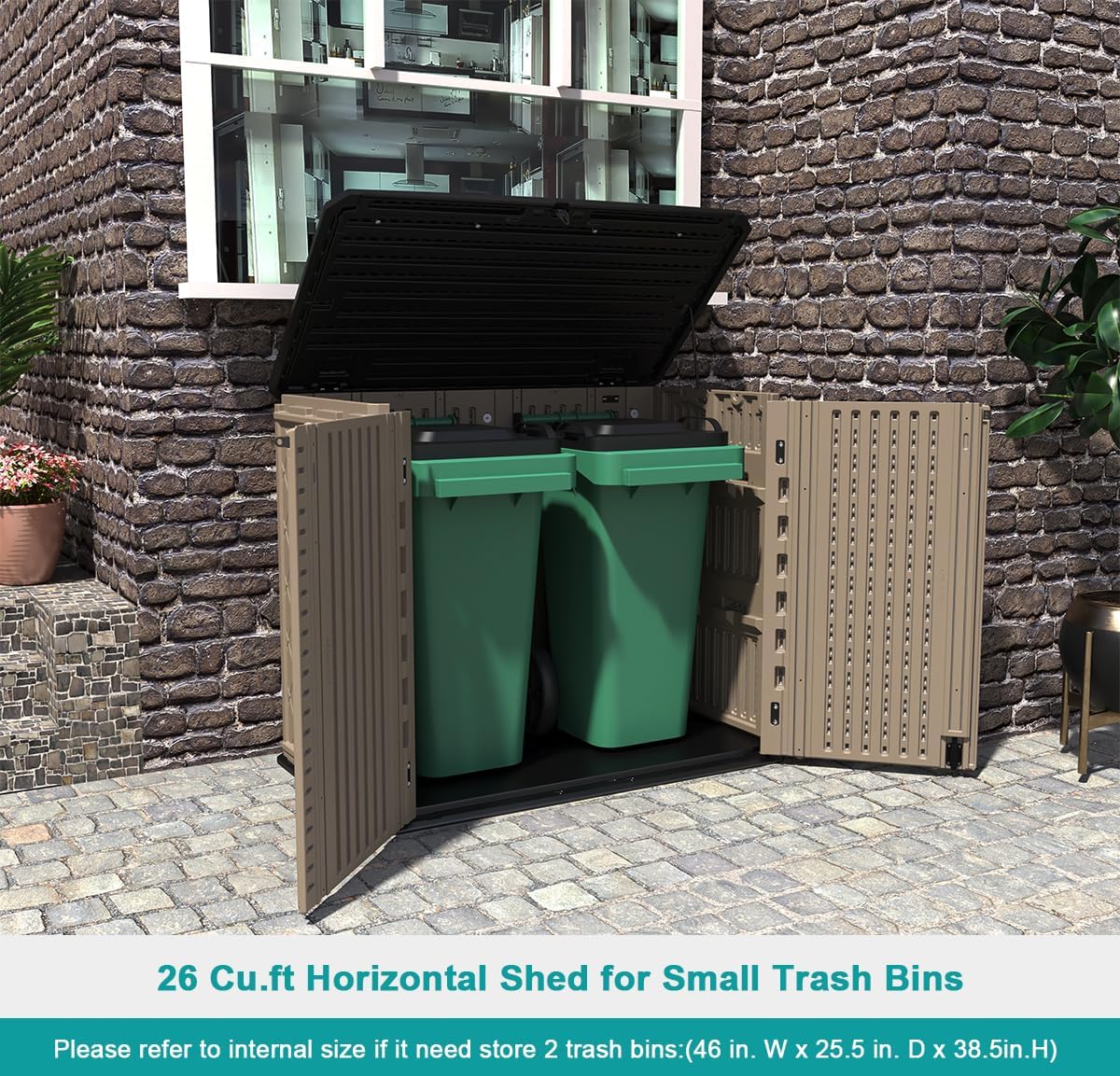 KINYING Outdoor Storage Shed - Horizontal Storage Cabinet Waterproof for Garden, Patio, Backyard, Storage Box for Easy Storage of Garbage Cans, Tools, Lawn Mower, 35 Cubic Feet,Dark Brown
