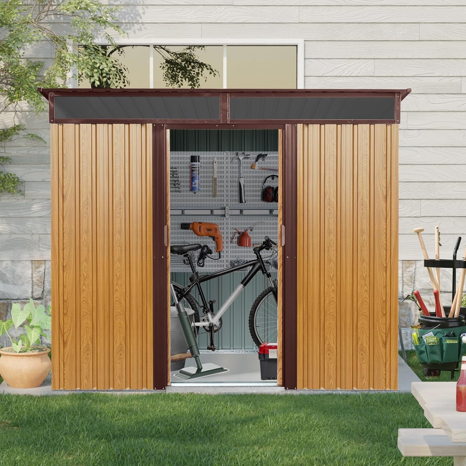 6x8 FT Outdoor Storage Shed, Metal Garden Shed with Frame Floor, Outside Tool Shed with Lockable Sliding Doors, Waterproof Storage Building with Sloped Roof & Air Vents for Backyard, Patio, Coffee