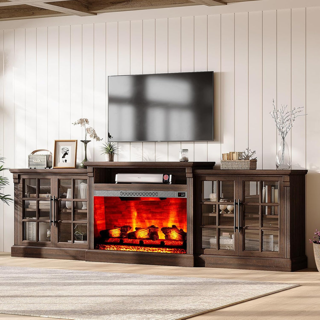 LUXOAK 97' Farmhouse TV Stand with 33' Fireplace for TVs up to 100', Media Entertainment Center with Large Storage Cabinet and Adjustable Shelves for Living Room, Rustic Brown