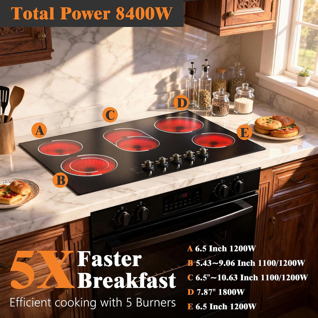 Electric Cooktop 30 Inch - 8400W High Power 5 Burners Electric Stovetop, Built-in 30 Inches Ceramic Burner Knob and Touch, Timer, Safety Lock, Expandable Ring, 220-240V Hard Wired (No Plug)