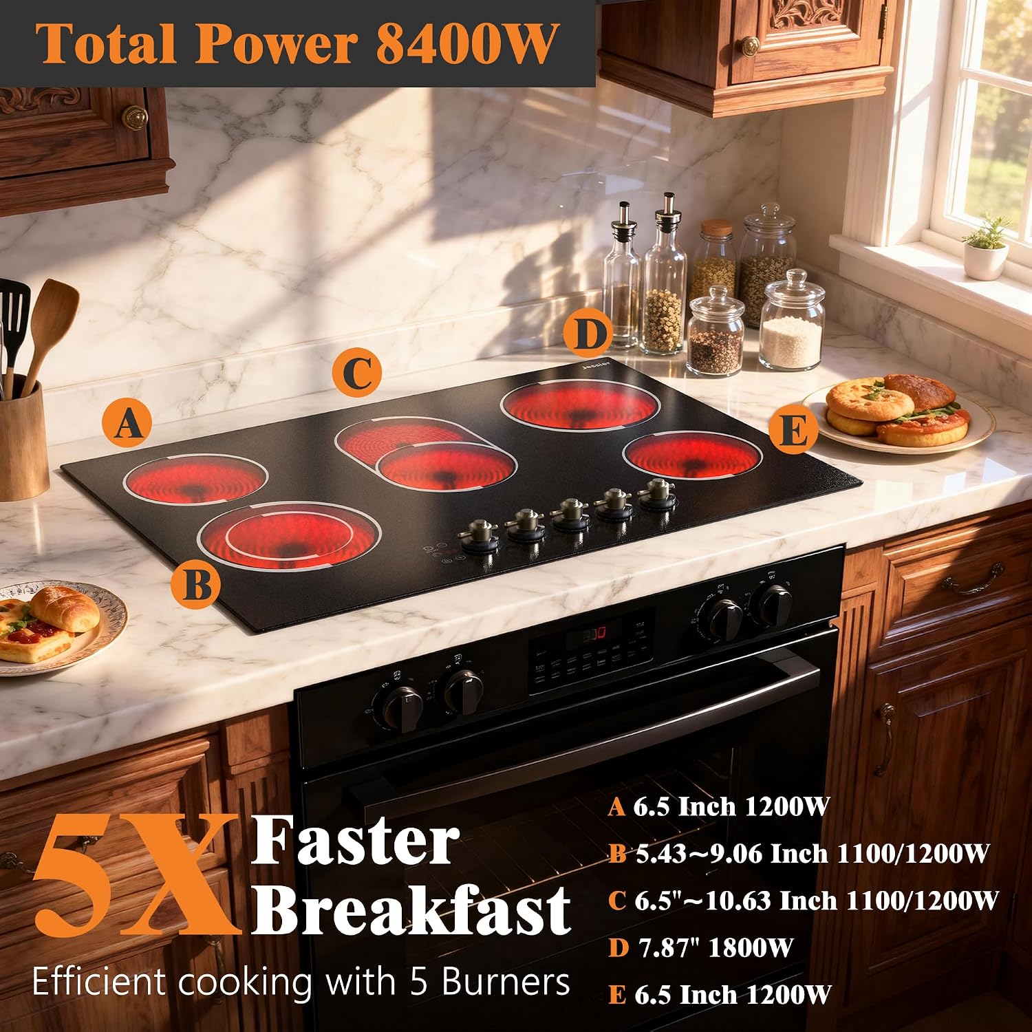 Electric Cooktop 30 Inch - 8400W High Power 5 Burners Electric Stovetop, Built-in 30 Inches Ceramic Burner Knob and Touch, Timer, Safety Lock, Expandable Ring, 220-240V Hard Wired (No Plug)