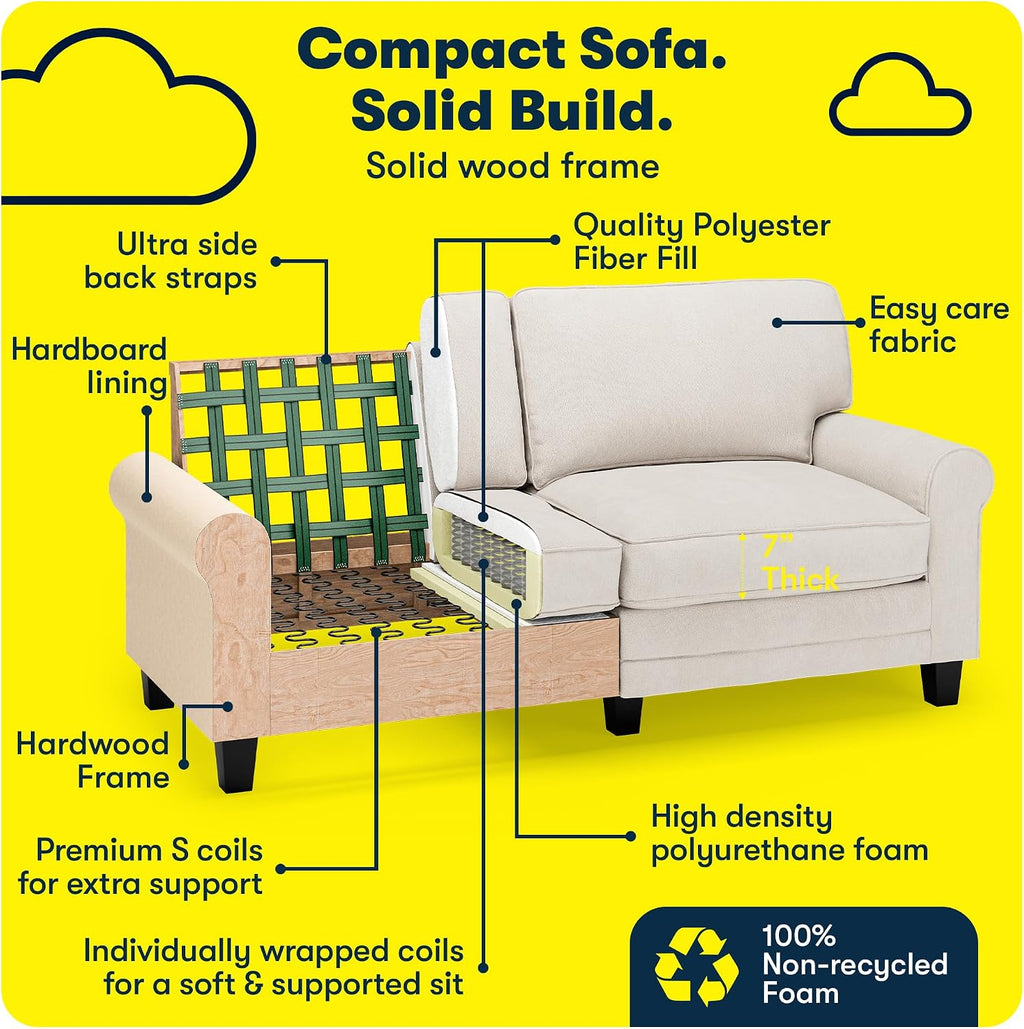 Serta Copenhagen 73' Rolled Arm Sofa, Easy Care Polyester, Soft Pillow Back, Pocket Coil Seat Cushions, Removable Covers, Loveseat or Couch for Small Spaces, Living Rooms or Bedrooms, Cream White