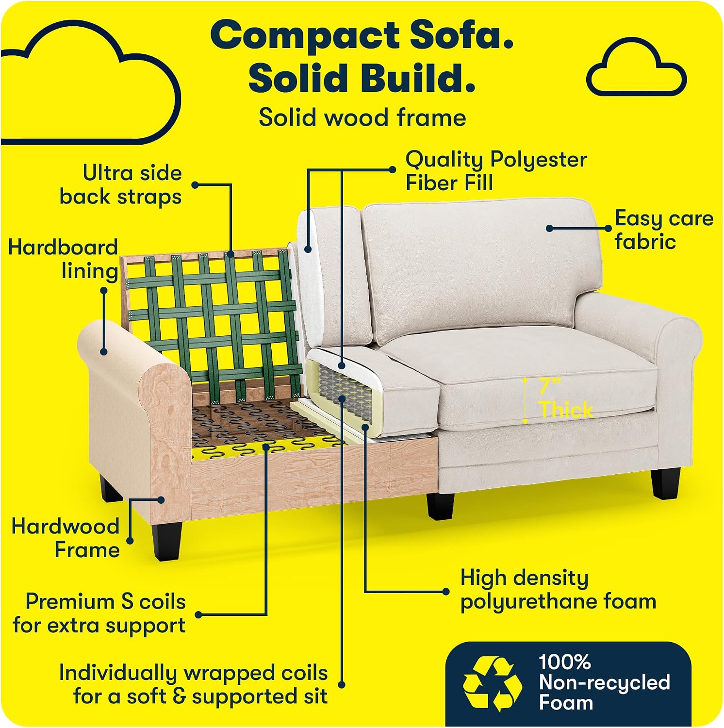 Serta Copenhagen 73' Rolled Arm Sofa, Easy Care Polyester, Soft Pillow Back, Pocket Coil Seat Cushions, Removable Covers, Loveseat or Couch for Small Spaces, Living Rooms or Bedrooms, Cream White