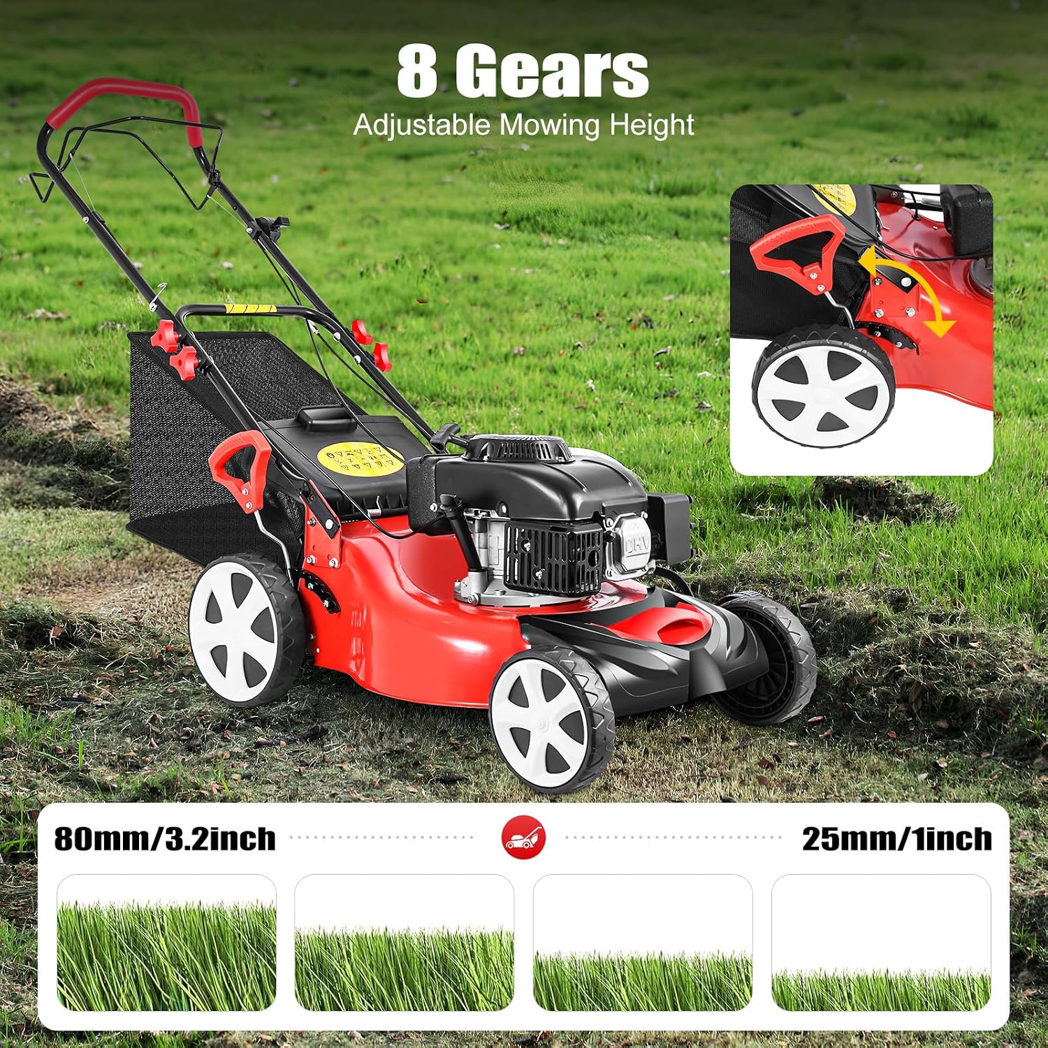 20In 6HP Gas Lawn Mower Self Propelled, 140cc 4-Stroke Gas Push Mower, with 1.6L Fuel Tank, 8 Adjustable Heights, Ideal for Small to Medium Sized Gardens