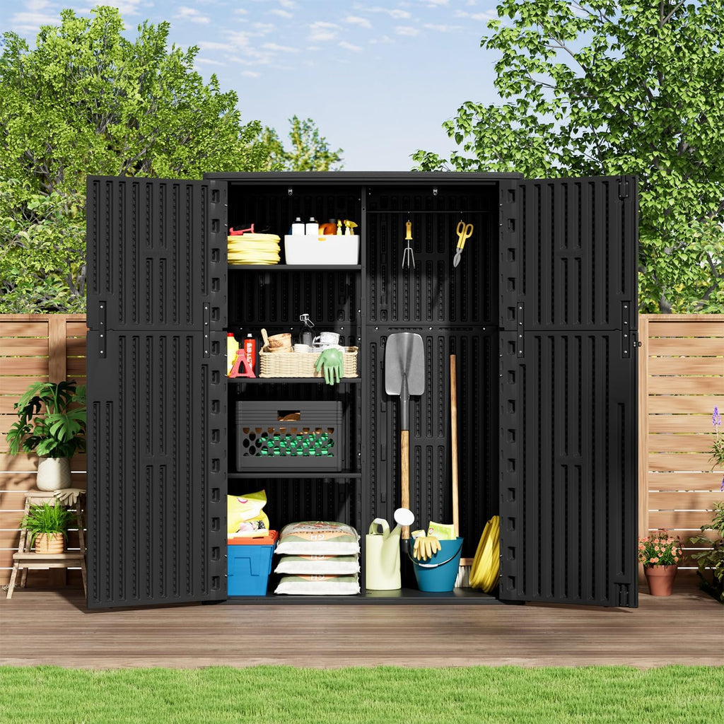 KINYING Outdoor Storage Shed,57 Cu.ft Vertical Outdoor Storage Cabinet Waterproof, Outdoor Resin Tool Shed for Patio Furniture, Garden Tools, Pool Accessories, Lawn Mower(Black Color)