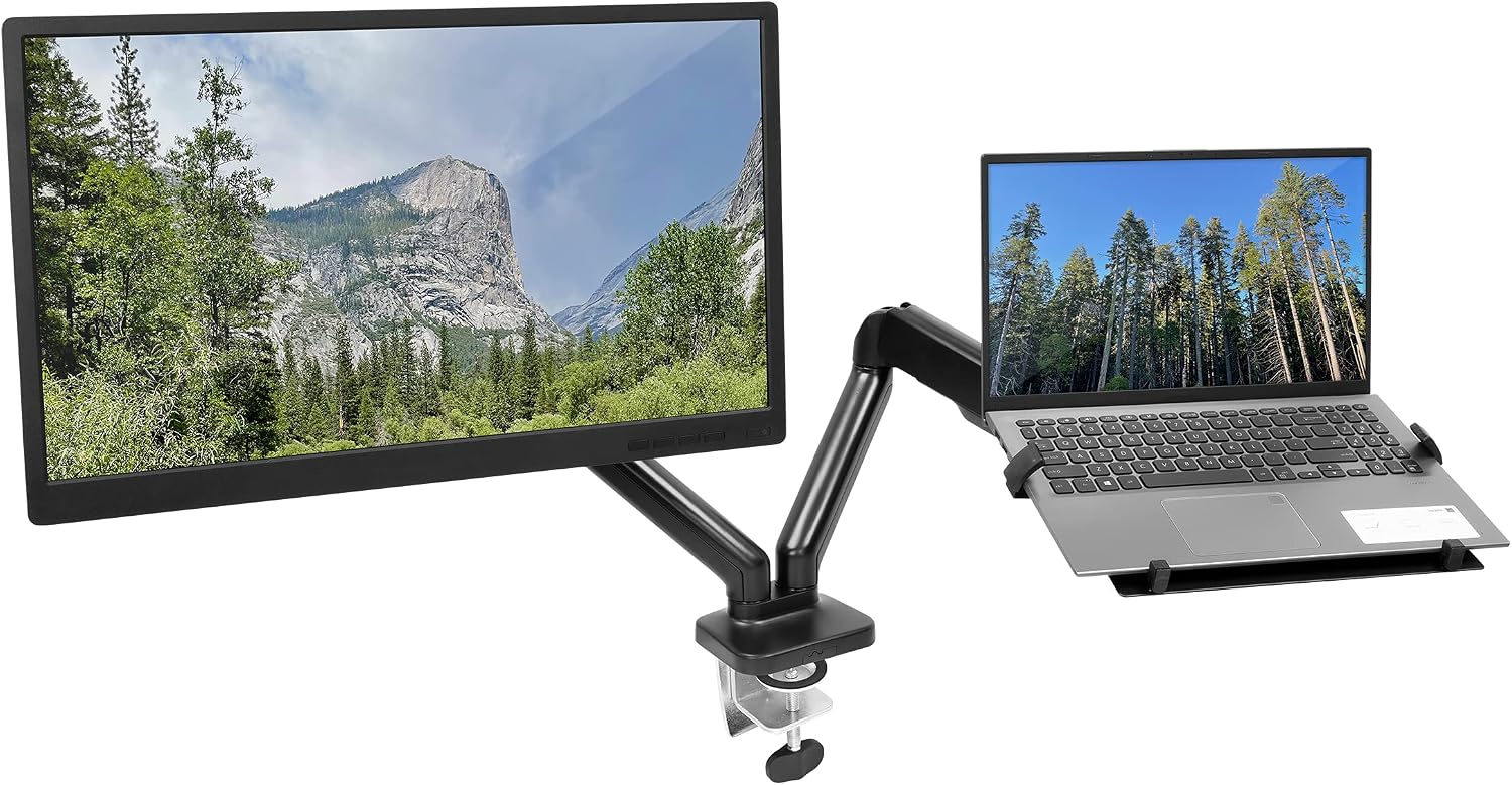 Mount-It! Monitor and Laptop Desk Mount, Height Adjustable Dual Arm Stand with Vented Laptop Tray, Fits Laptops up to 17 Inch and 13–27 Inch Monitors, VESA 75x75 & 100x100, Clamp or Grommet Mount