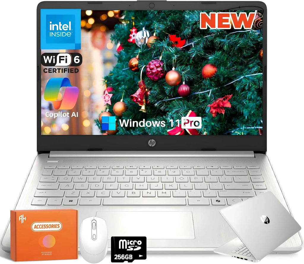 HP 14 Inch Laptop Computer Student Business, Intel Processor N150, 4GB RAM, 384GB Storage(128GB UFS+256GB MSD), Copilot AI, 1-Yr Office 365, Wi-Fi 6, Ultra Light, Windows 11 Pro, Silver, W/Mouse