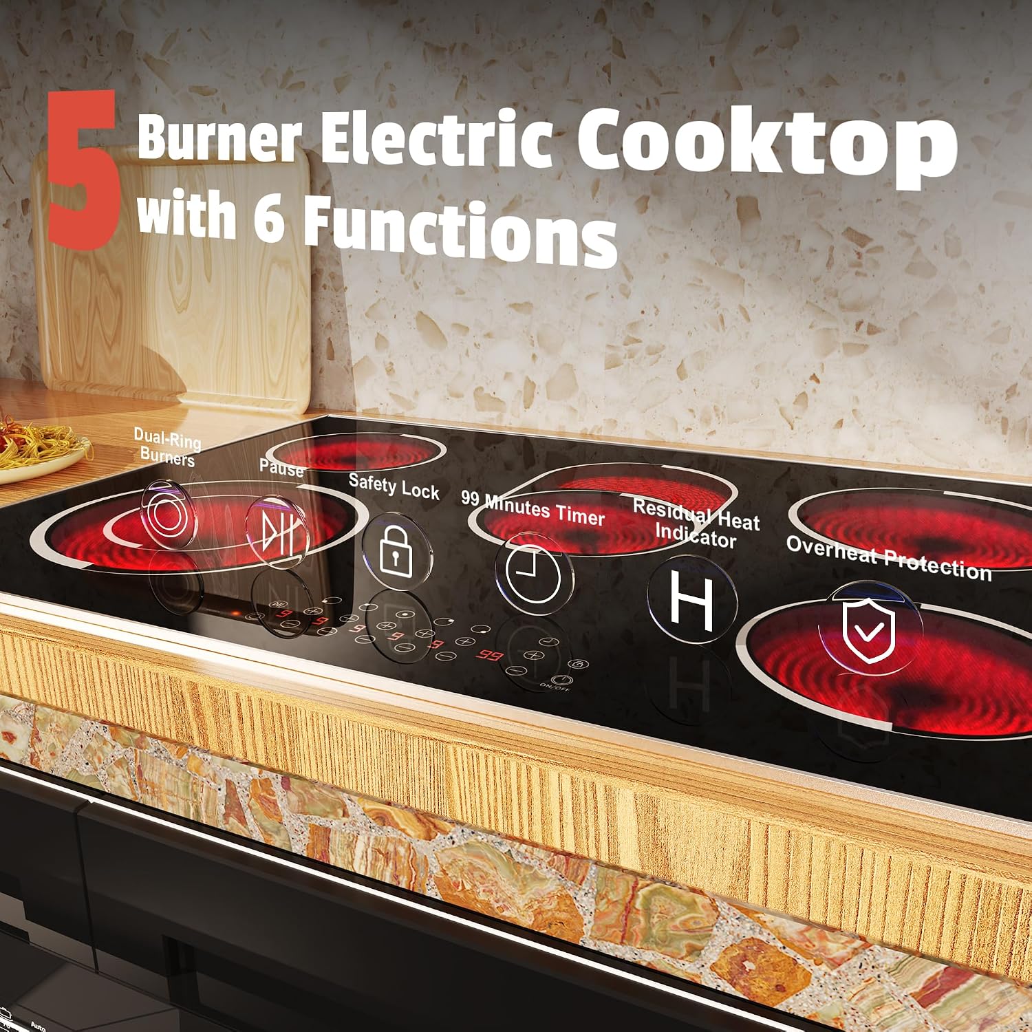 30 Inch Electric Cooktop - 30 Inches Electric Stove 8400W, 5 Burner Ceramic Stovetop Built-in(29.13'x19.3') with Metal Frame, 99 Mins Timer, Safety Lock, Dual Ring, 220V Hard Wired (No Plug)