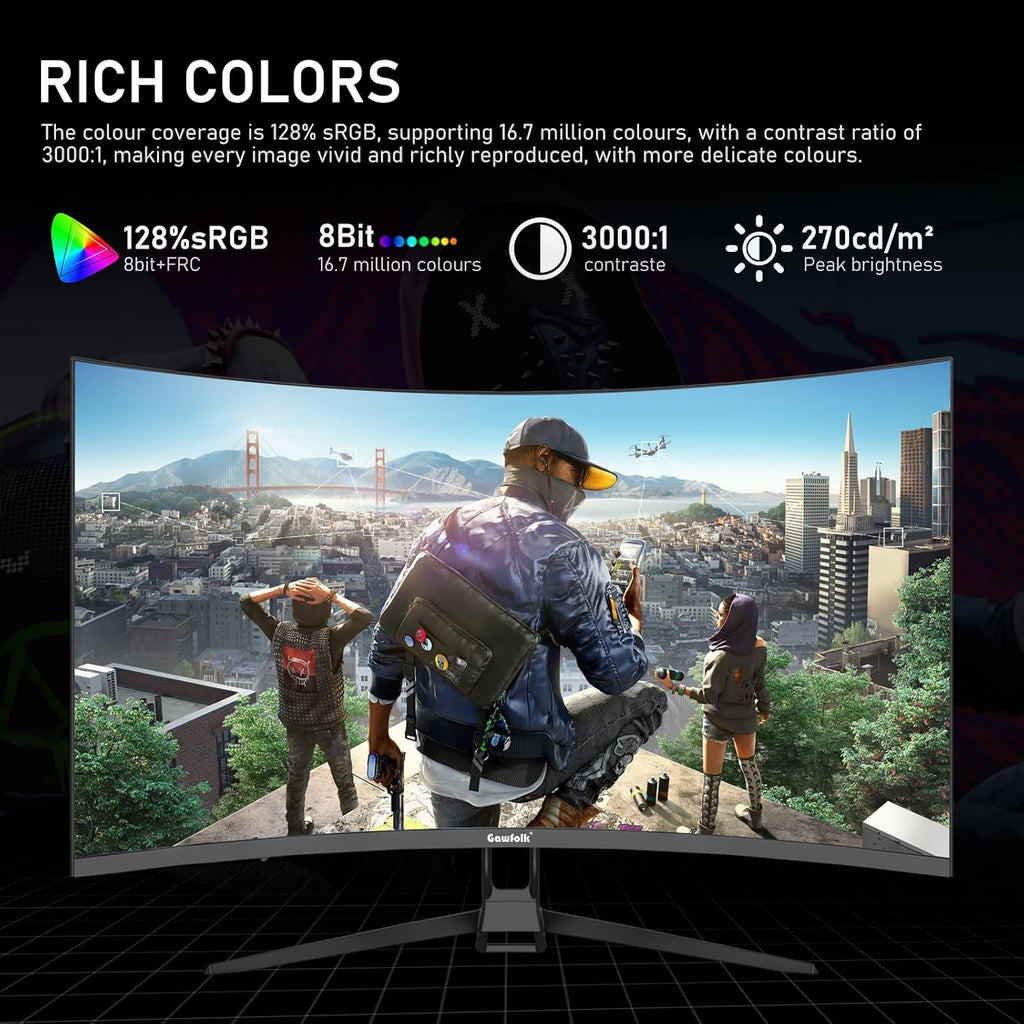 Gawfolk 32-inch 4K Ultra HD Curved 1500R Computer Monitor, 160Hz Gaming Screen, 1ms, Adaptive Sync, 128% sRGB, Built-in Speaker, HDMI 2.1, DisplayPort, Compatible with 75 * 75MM Wall Mount-Black