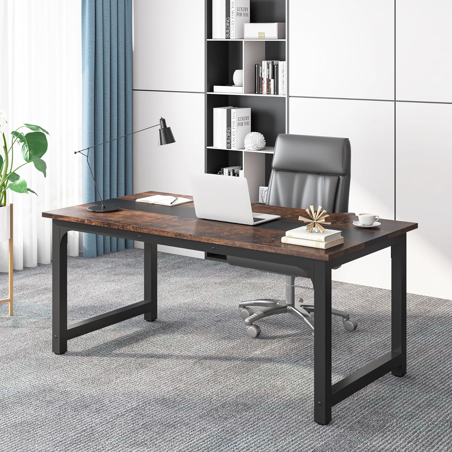Tribesigns 63' Executive Desk, Large Office Computer Desk with Thicken Frame, Modern Simple Workstation Business Furniture for Home Office, Vintage Brown/Black