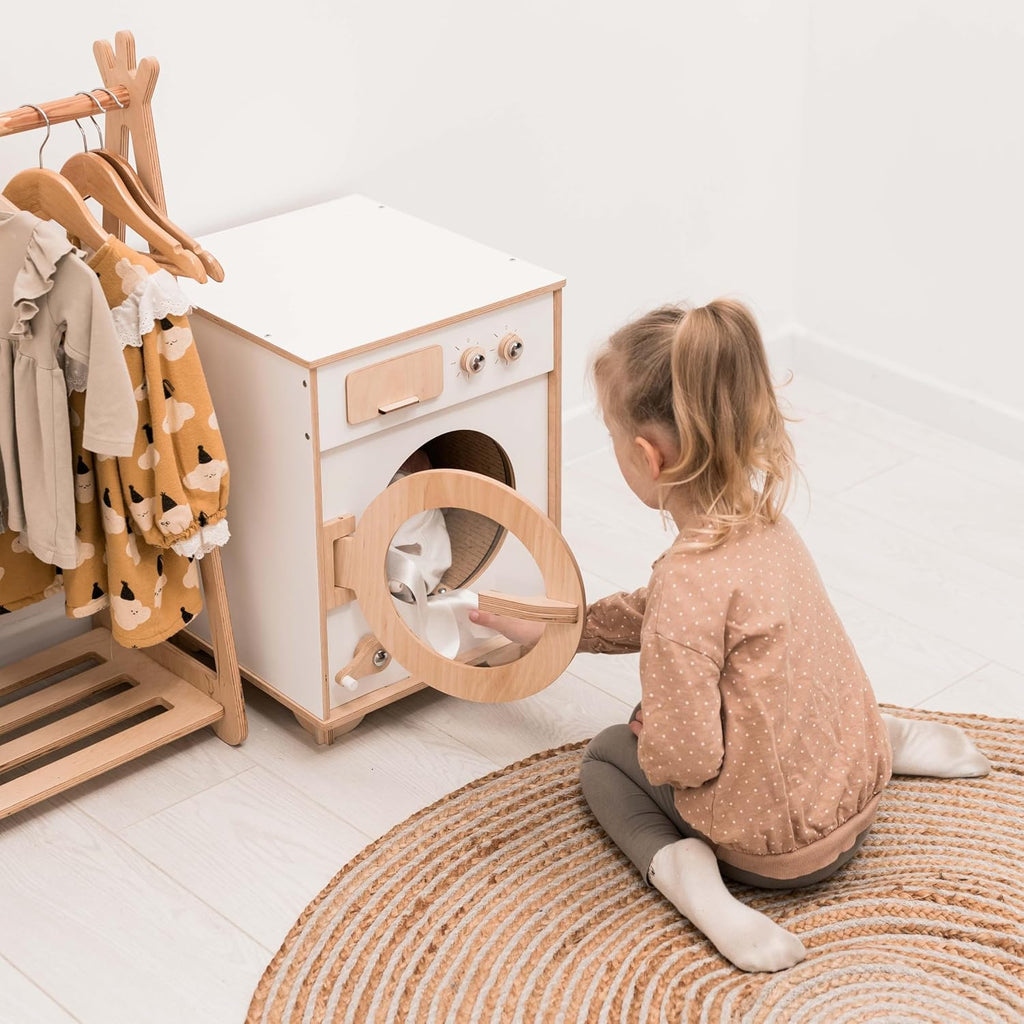 Toy Washing Machine Wooden Play Kitchen - Pretend Play Cleaning Set Washing Machine Toy for Kids - Pretend Play Toys for Toddlers Christmas Gifts for Children (Pink)