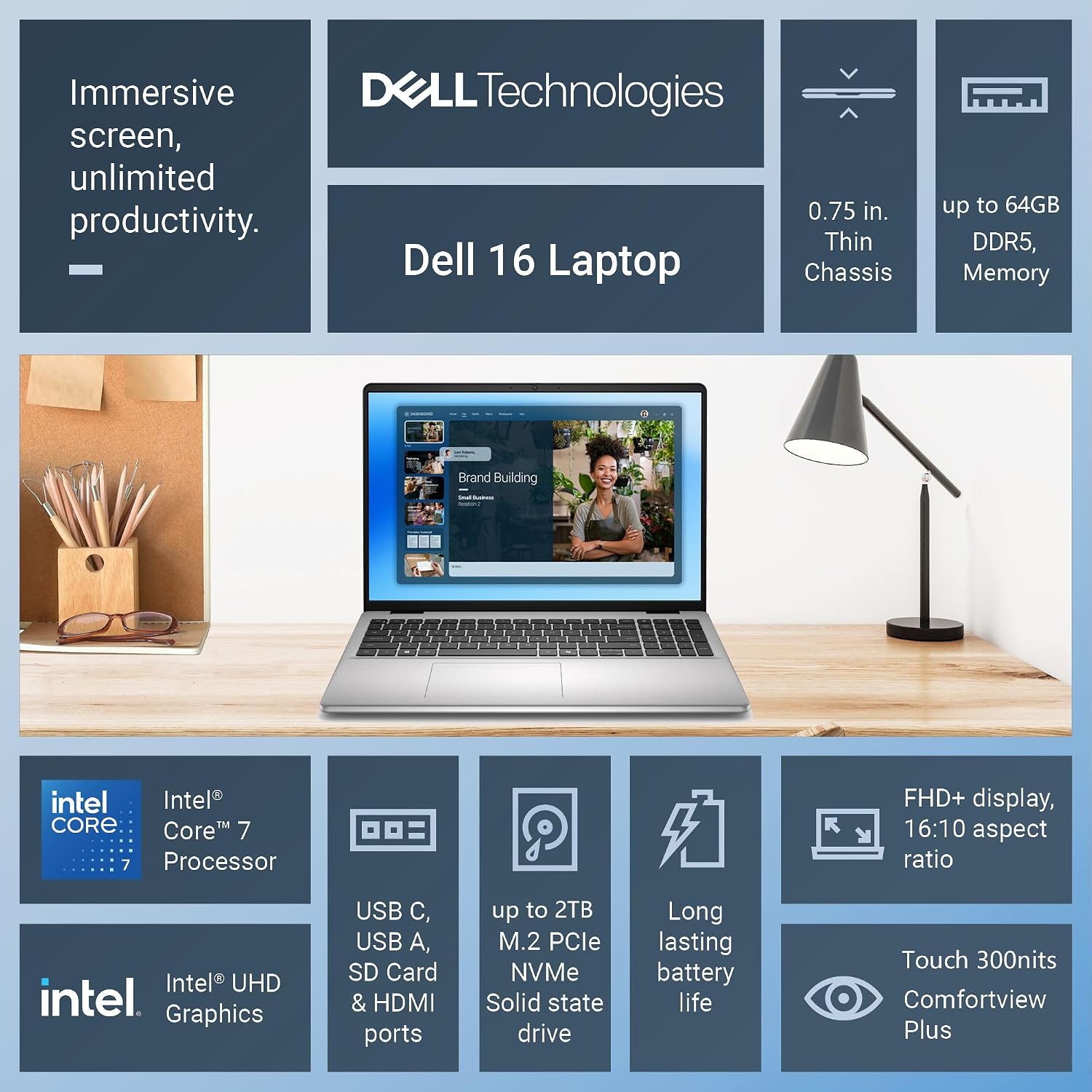 Dell 16 Laptop Computer, Intel Core 7 150U Processor, 16' FHD+ IPS Touchscreen Anti-Glare Display, 32GB DDR5 RAM, 1TB PCIe SSD, WiFi 6E, Bluetooth 5.3, Backlit Keyboard, Windows 11 Home