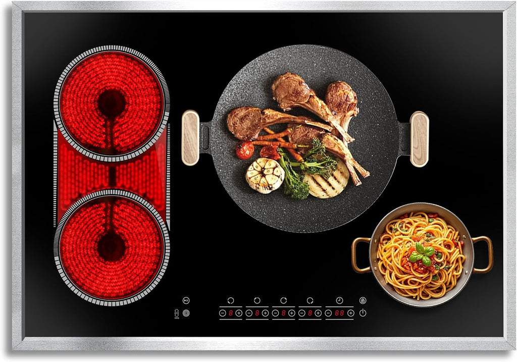 30 Inch Electric Cooktop, 4 Burner Electric Stove Top with Touch Control, 7800W Built-In Glass Stovetop with BBQ & Expandable Zone, 9-Level Adjustable, Child Lock, Timer, 220V-240V Hardwire
