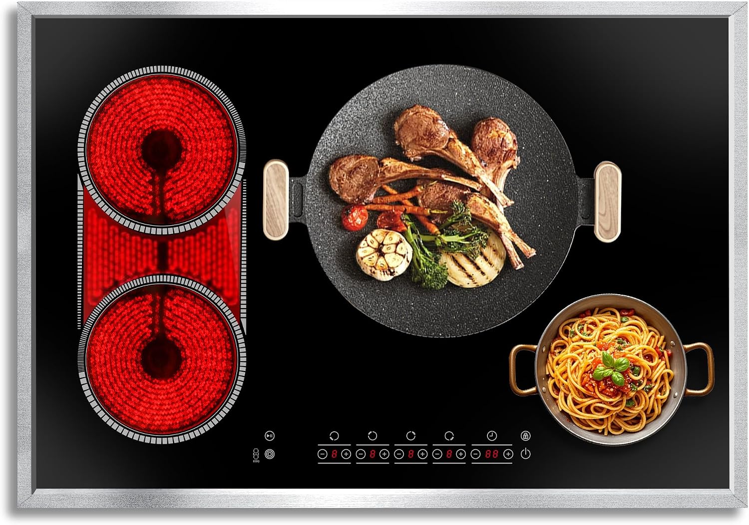30 Inch Electric Cooktop, 4 Burner Electric Stove Top with Touch Control, 7800W Built-In Glass Stovetop with BBQ & Expandable Zone, 9-Level Adjustable, Child Lock, Timer, 220V-240V Hardwire